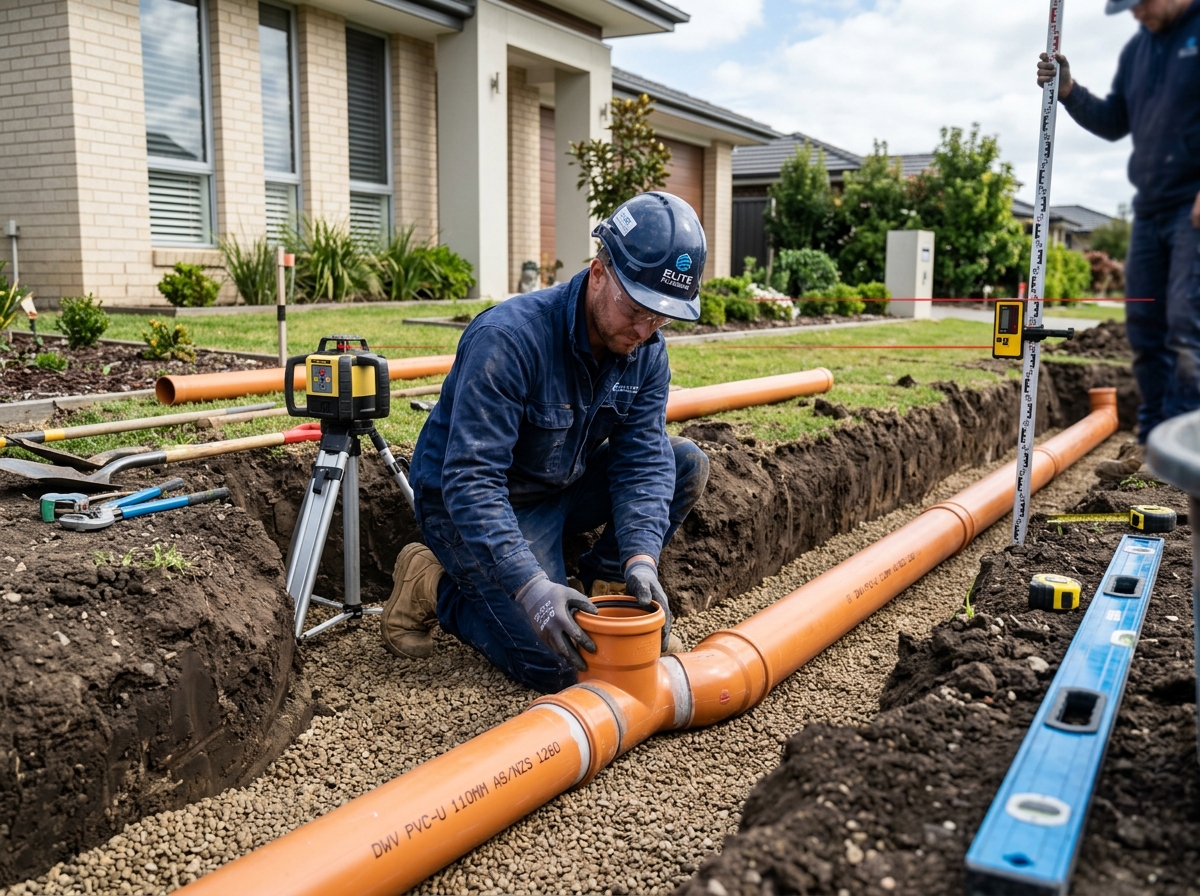 Professional drainlaying and trench pipe installation with laser level