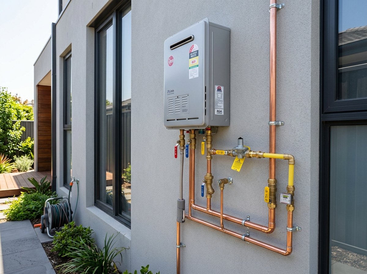 Continuous flow outdoor gas water heater califont installation with neat copper pipework